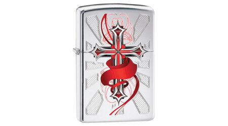 купите Зажигалка Zippo 28526 Gothic Cross High Polish Chrome (зеркальный хром, рисунок креста с алой лентой) в Москве