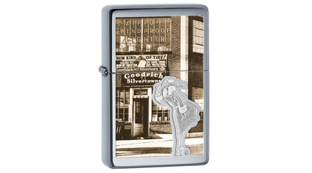 купите Зажигалка Zippo 28538 Goodrich Silvertown Vintage High Polish Chrome (зеркальный хром, фото магазина Гудрич, гравировка девушки Windy Girl) в Москве