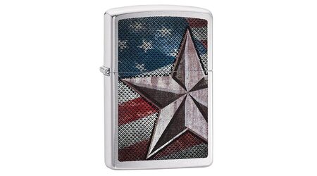 купите Зажигалка Zippo 28653 Retro Star and U.S. Flag Brushed Chrome (крупнозернистая шлифовка хрома, рисунок звезды на фоне американского флага) в Москве